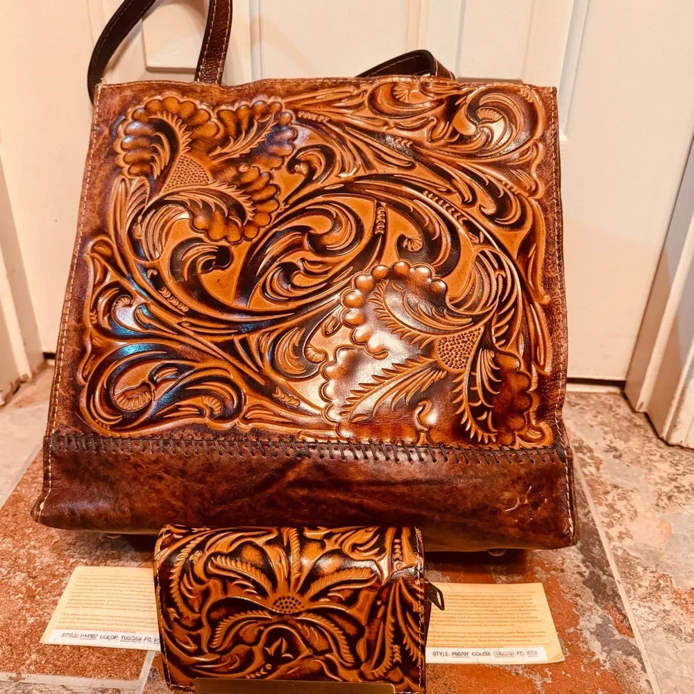 LIKE NEW! PATRICIA NASH TOSCANO BROWN TOOLED TUSCAN TOTE SHOULDER BAG!